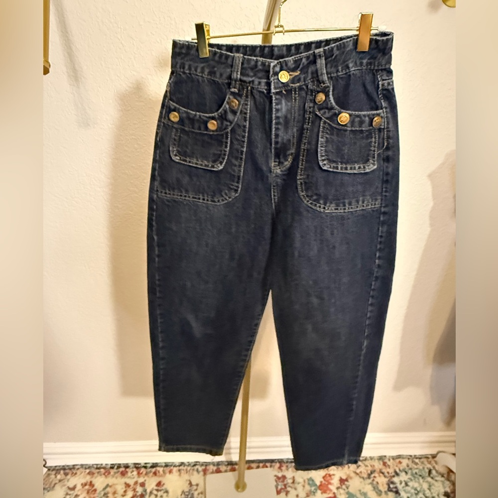 High-Rise Dark Blue Denim Jeans with Patch Pockets  (B7)